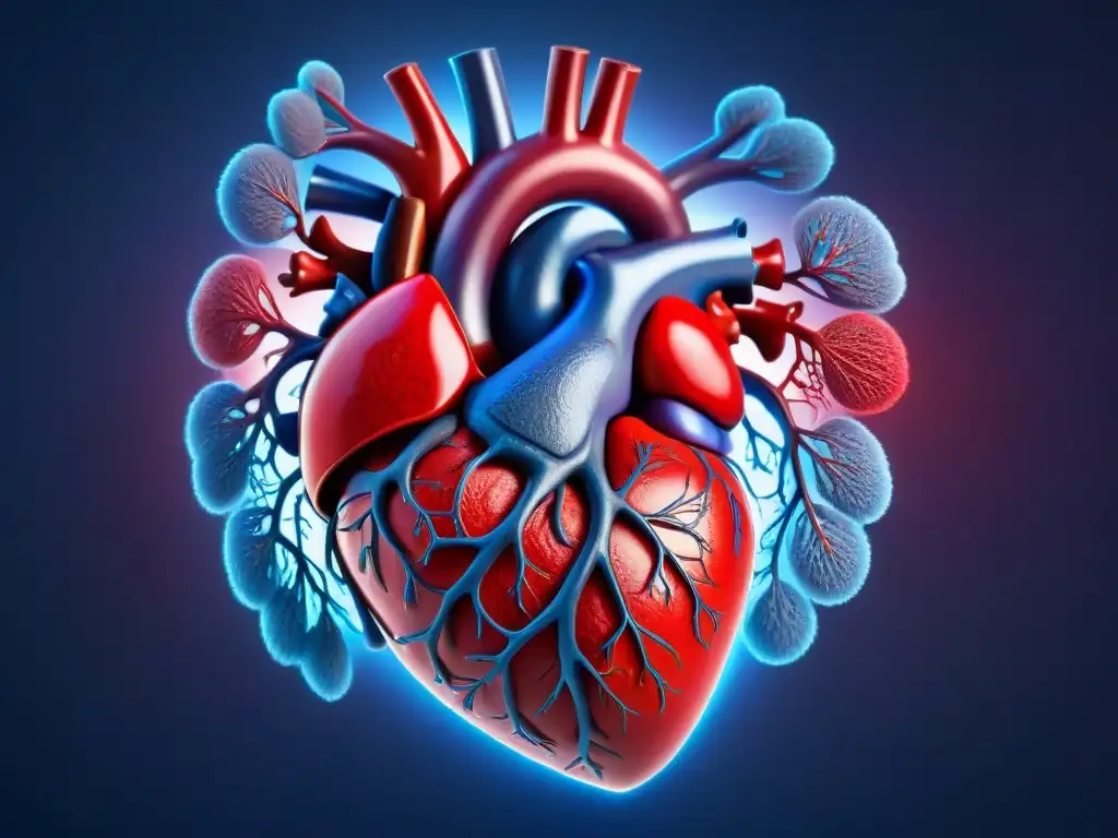 Corazón humano: detalle ultrarrealista en rojo y azul Detalle vibrante del corazón humano, red y azul, mostrando la red de vasos sanguíneos