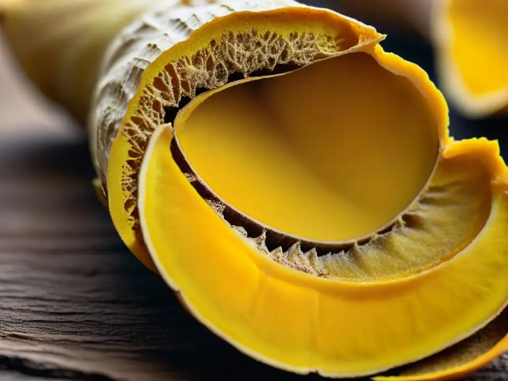 Raíz de cúrcuma amarilla: detalle vibrante y sofisticado Detalle vibrante de la raíz de cúrcuma amarilla, con su interior dorado revelado