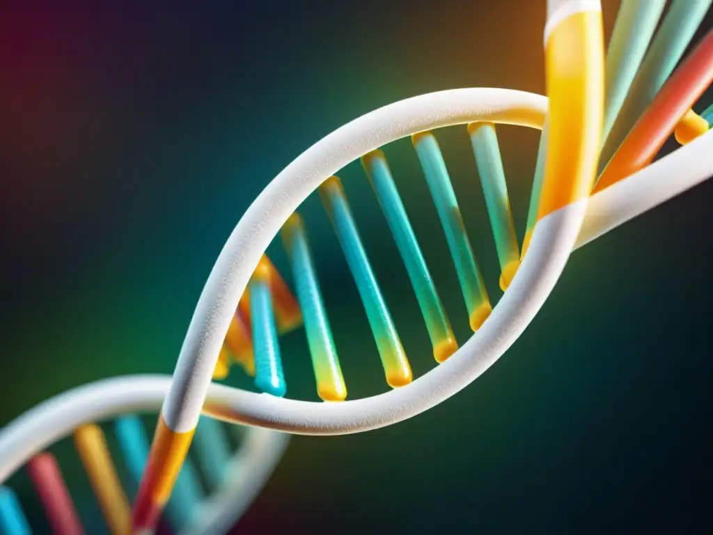 Detalle vibrante de una doble hélice de ADN, con colores intensos y estructura detallada