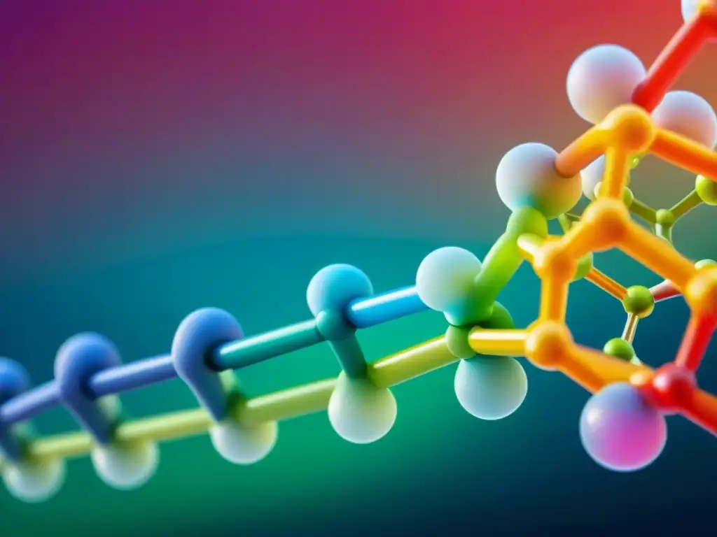 Estructura detallada de péptidos: innovación científica Detalle vibrante de una estructura de cadena de péptidos bioactivos suplementación deportiva, con colores modernos y visualmente impactantes