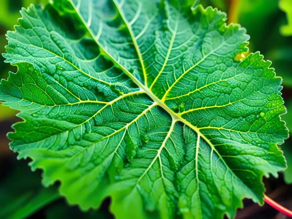 Detalles asombrosos de una hoja de col rizada Detalle vibrante de una hoja de col rizada verde, resaltando la red de venas y gotas de agua