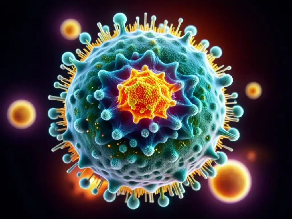 Microscopio inmunológico: Célula humana devorando virus Detalle vívido de célula inmune que elimina virus, con estructuras celulares y partículas virales