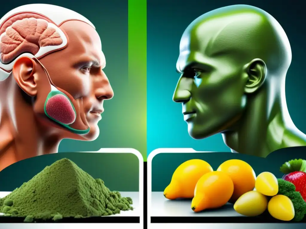 Comparación detallada: suplementos naturales vs Detalle vívido de suplementos naturales versus sintéticos: contraste entre lo orgánico y lo artificial, ciencia y vitalidad