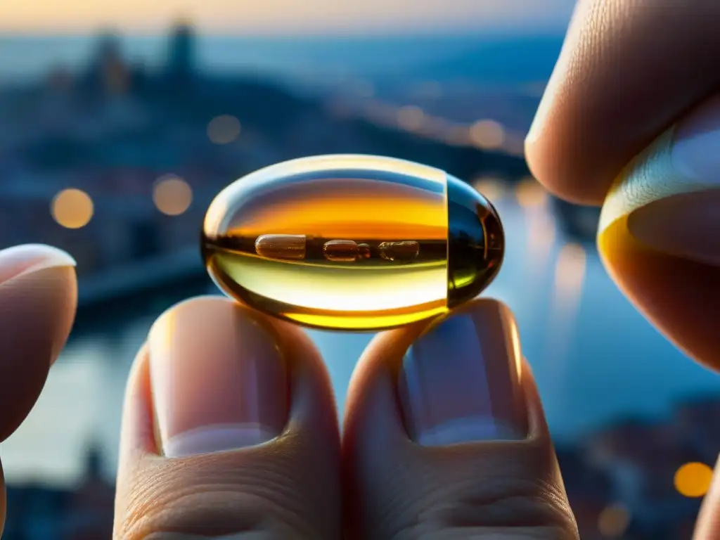 Suplemento de omega-3: detalle impactante Detalles de una cápsula de suplemento de omega 3 postBrexit en Europa, mostrando su alta calidad y textura intrincada entre los dedos