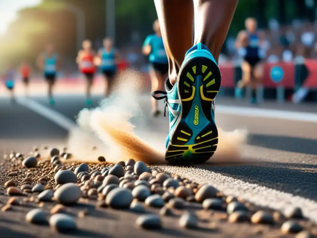Corredor de maratón: poder y determinación en cada zancada Detalles dinámicos de un corredor de maratón en plena acción, destacando la potencia muscular y la determinación