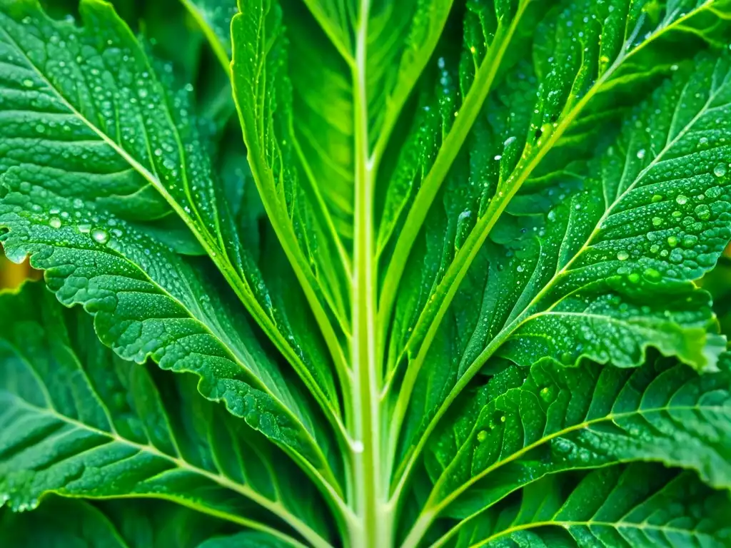 Detalle impresionante de hojas de kale verde brillante con gotas de agua Detalles de hojas de kale verde vibrante con gotas de agua, iluminadas por luz natural