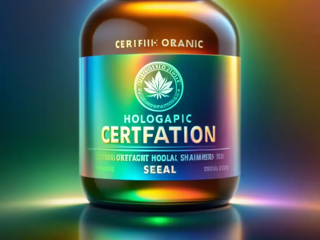 Sello holográfico de certificación orgánica en botella de suplemento Detalles holográficos de un sello de certificación orgánica en un elegante suplemento deportivo, resplandeciendo autenticidad y calidad