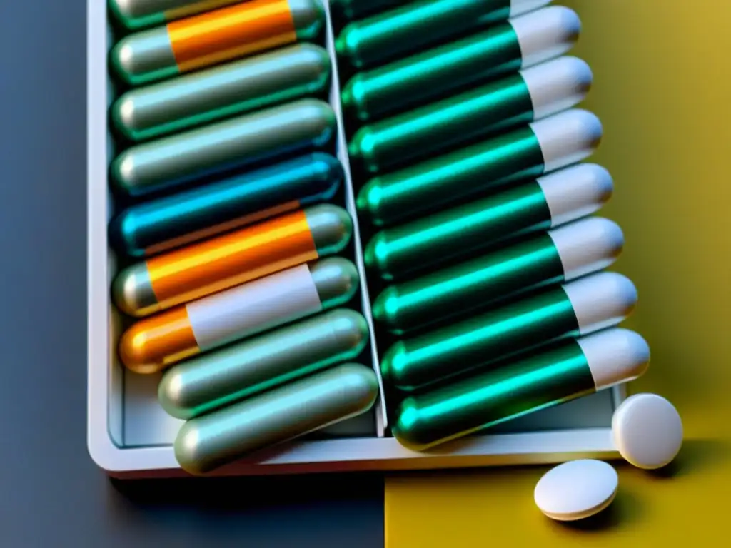 Detalles vibrantes de ZMA vs Magnesio recuperación nocturna en organizador de pastillas, con dramáticas sombras y texturas destacadas