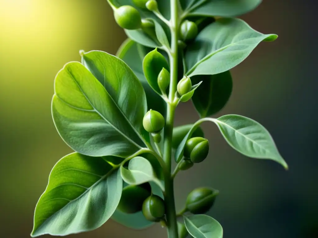 Detalles impresionantes de planta de guisante en crecimiento Detalles vibrantes de una planta de guisantes con delicadas hojas y vainas en crecimiento, destacando su belleza natural