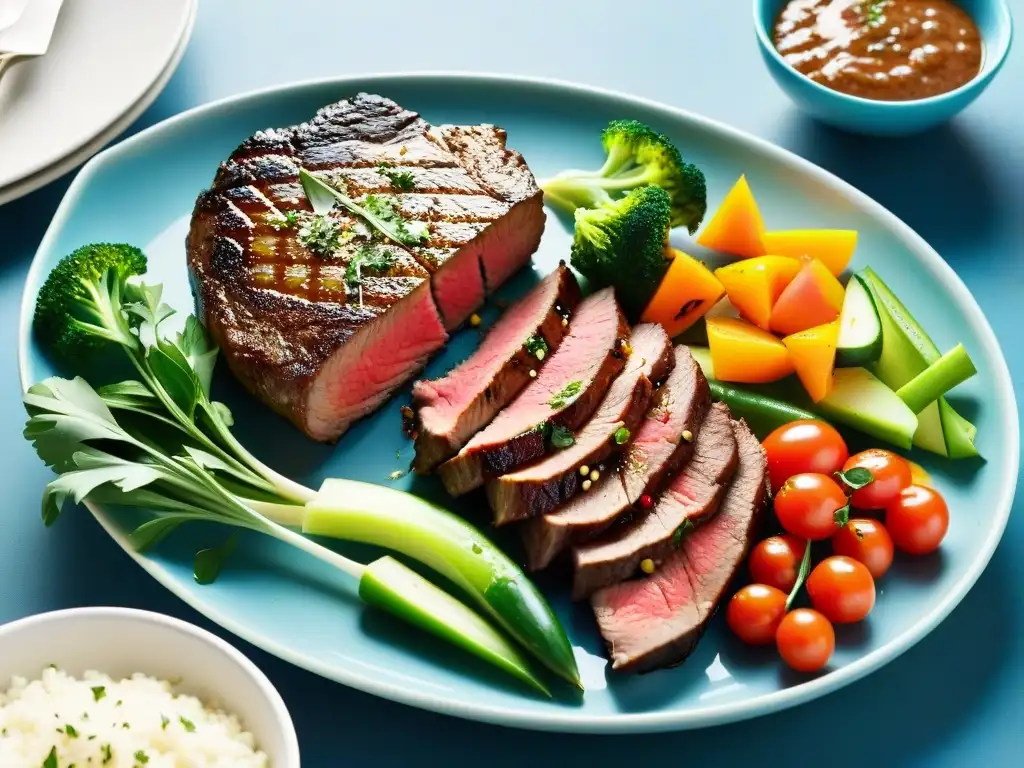 Deliciosa carne a la parrilla y vegetales frescos: una comparativa visual Diferencias entre proteínas vegetales y animales: Imagen detallada de un suculento filete y coloridas verduras frescas en pantalla dividida