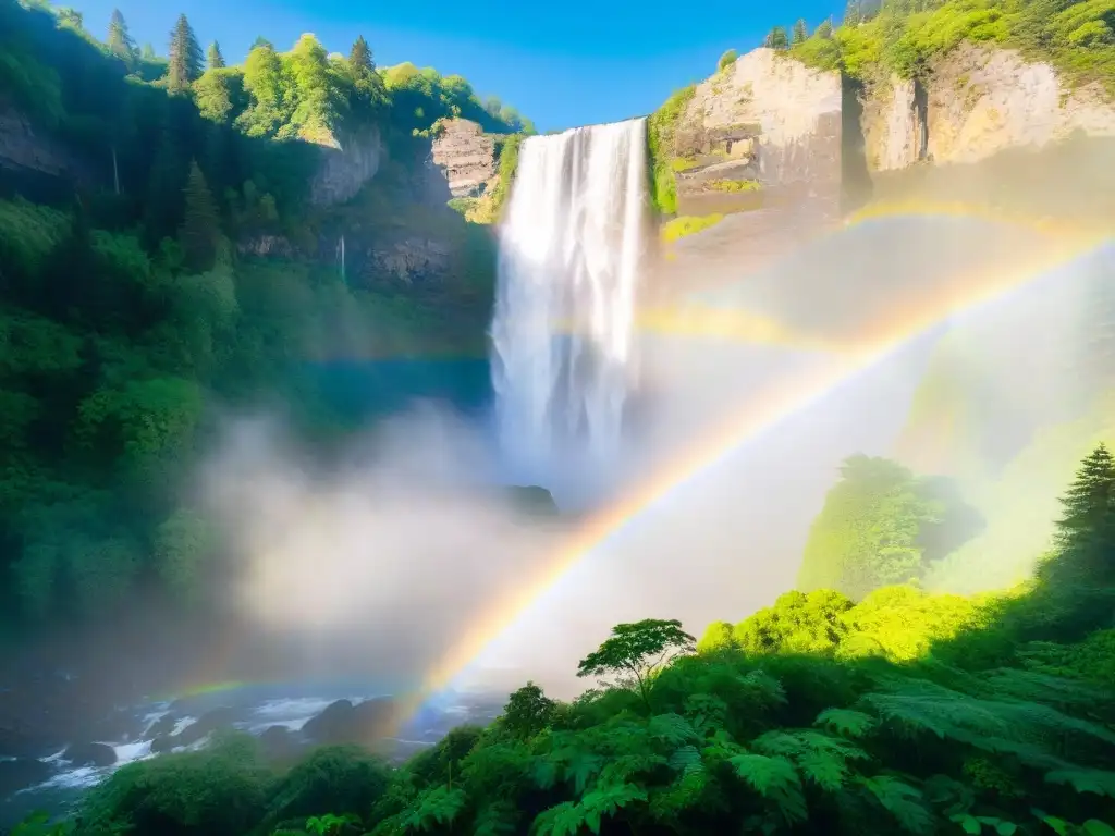 Cascada mágica en el bosque: belleza natural y serenidad Diferencias entre proteínas vegetales y animales: un exuberante bosque con cascada, un paisaje de belleza natural y tranquilidad