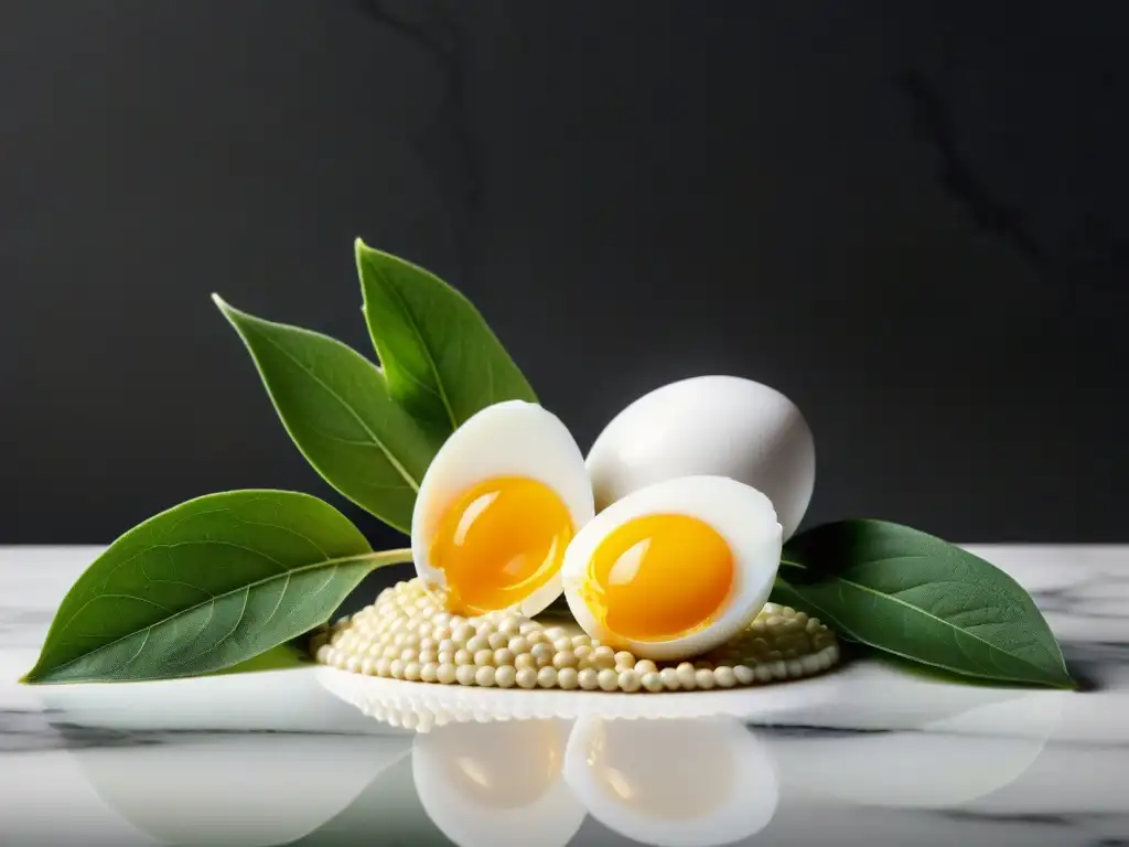 Proteína vegetal vs Diferencias entre proteínas vegetales y animales: Imagen de una soja partida y un huevo en contraste sobre mármol blanco y negro, resaltando sus orígenes y cualidades