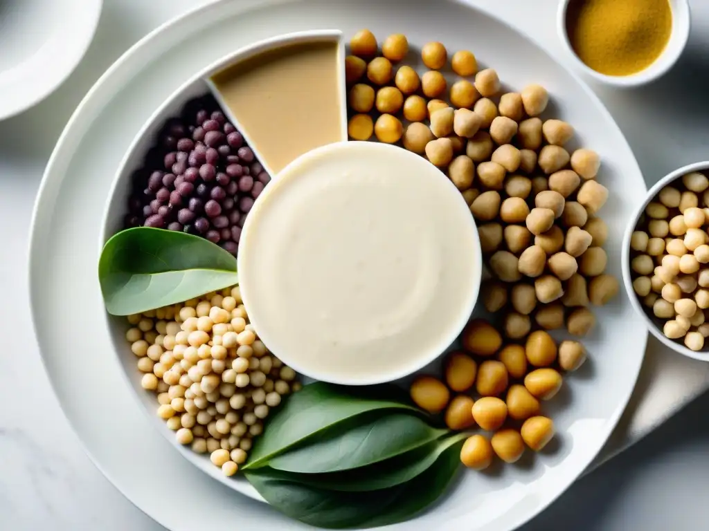 Variado y vibrante: ingredientes de proteína vegetal en detalle Diferencias entre proteínas vegetales y animales: Ingredientes crudos como lentejas, quinoa, garbanzos y tofu en un patrón simétrico sobre una bandeja blanca, iluminados naturalmente