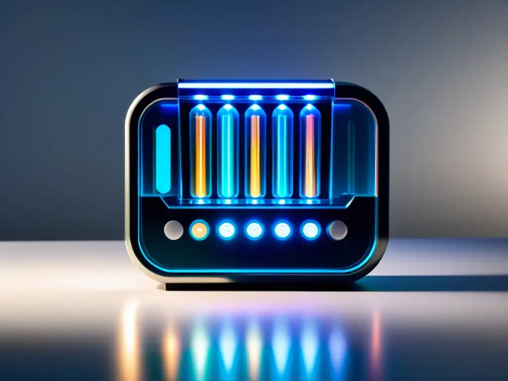 Dispensador de píldoras futurista con nootrópicos premium en un laboratorio de alta tecnología Un dispensador futurista de píldoras con nootrópicos de élite para dieta, en un laboratorio hitech con iluminación suave y diseño sofisticado