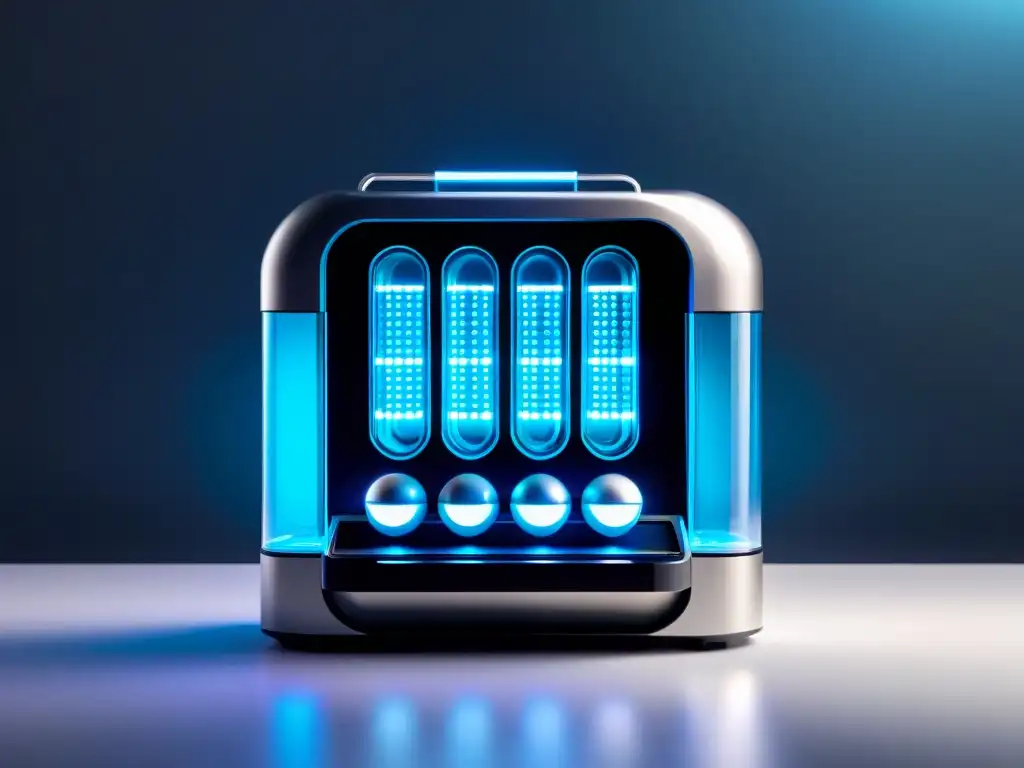 Nootrópicos Futuristas: Dispensador y Cápsulas Avanzadas Un dispensador futurista de suplementos nootrópicos para potenciar el cerebro, con cápsulas vibrantes y avanzadas en un laboratorio de alta tecnología