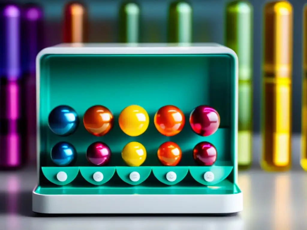 Dispensador de píldoras nootrópicas: precisión y color Un dispensador moderno de pastillas con suplementos nootrópicos para mejorar rendimiento, meticulosamente organizados y etiquetados