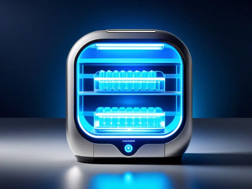Dispensador de píldoras futurista en laboratorio de vanguardia Un dispensador de pastillas futurista y personalizable en un laboratorio de vanguardia, iluminado con luz azul