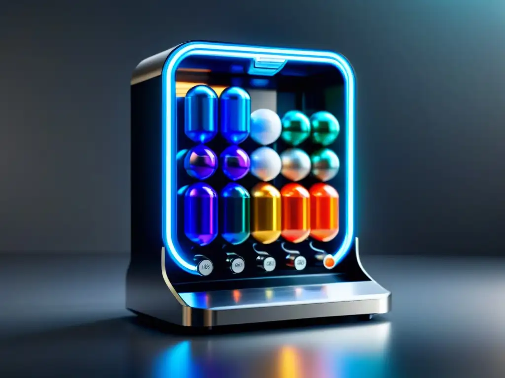 Dispensador de nootrópicos: visión ultramoderna Un dispensador de píldoras moderno y elegante lleno de coloridas cápsulas nootrópicas con distintos símbolos