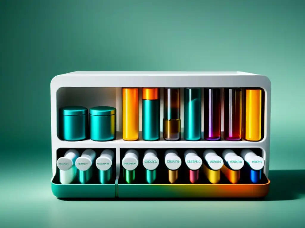 Dispensador de píldoras organizado para enfoque y productividad Un dispensador de píldoras moderno y ordenado con suplementos etiquetados para mejorar enfoque, energía, memoria y alivio del estrés