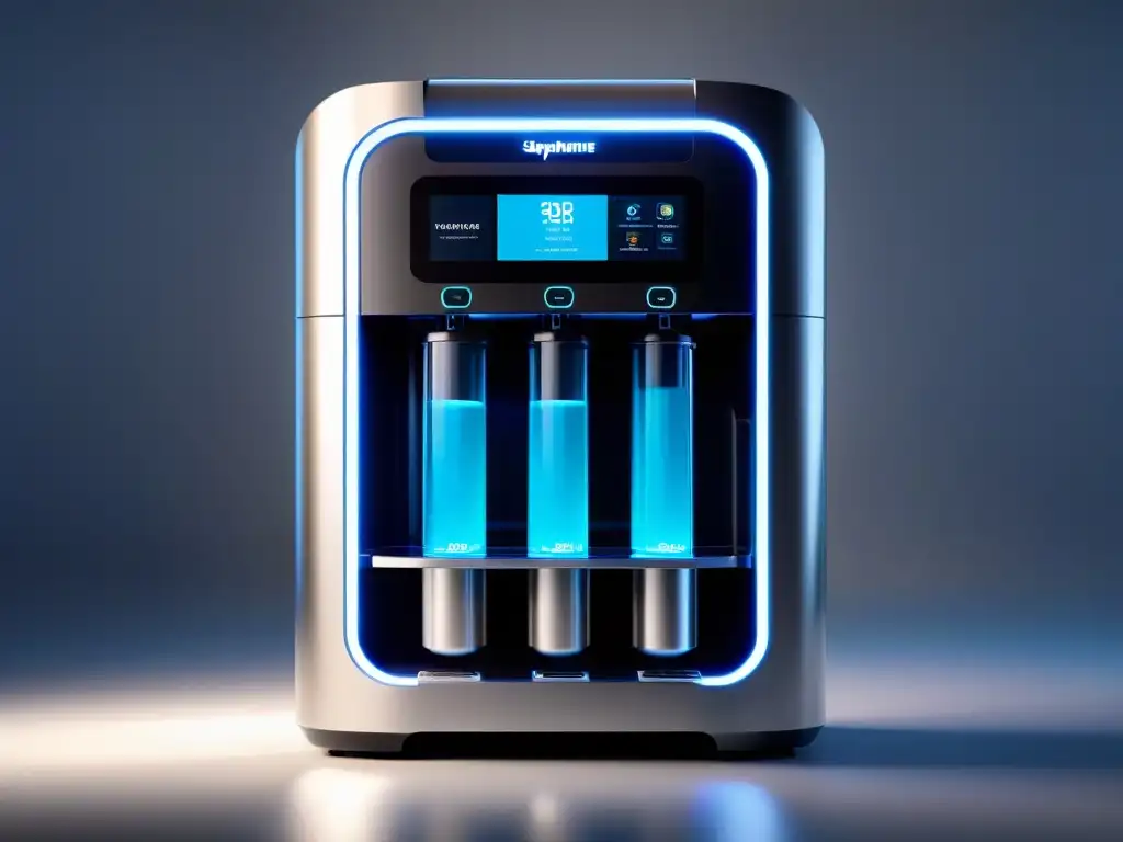 Máquina futurista de suplementos personalizados: innovación en nutrición Un dispensador de suplementos nutricionales personalizados de diseño futurista en un laboratorio de alta tecnología, iluminado con una suave luz ambiental