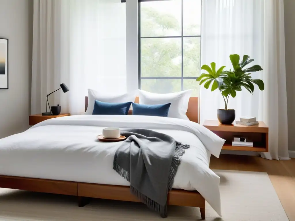 Serena habitación minimalista con luz natural suave Un dormitorio minimalista y tranquilo con luz natural suave, ropa de cama blanca impecable y detalles elegantes
