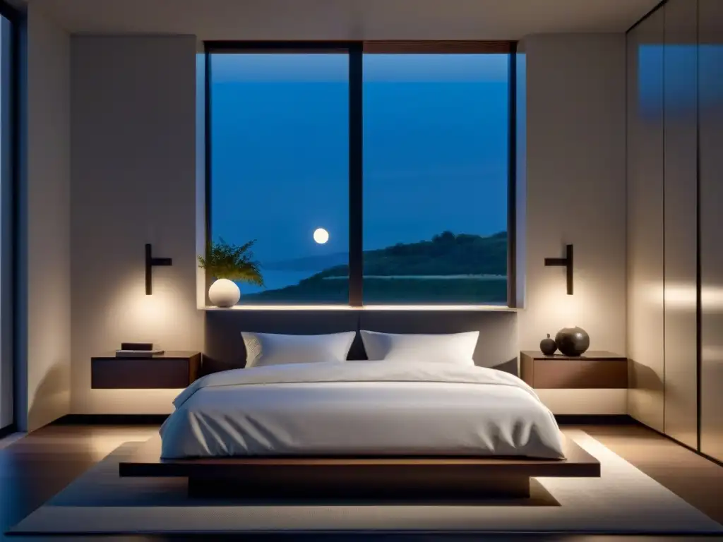 Dormitorio moderno con ambiente sereno y luz suave Un dormitorio moderno con decoración minimalista, iluminación suave y suplementos naturales para mejorar sueño en la mesita de noche