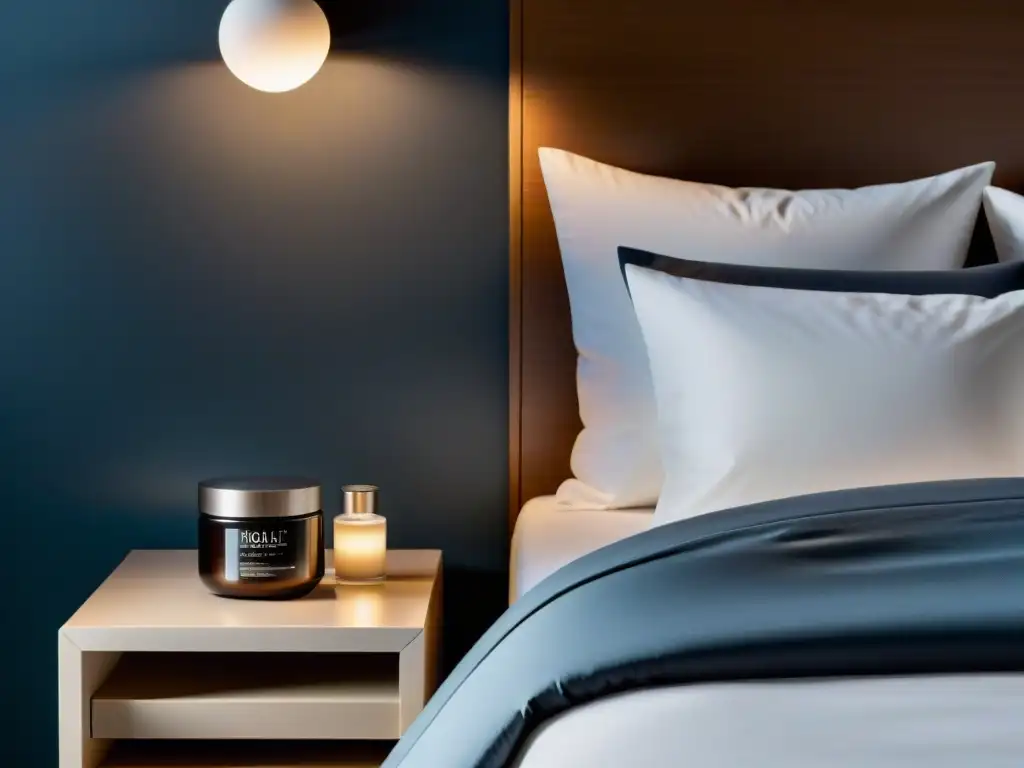 Serenidad nocturna: micelar caseína para el descanso Un dormitorio moderno con iluminación cálida, proteína Micellar Casein, shaker y reloj digital mostrando la noche, ideal para el catabolismo nocturno