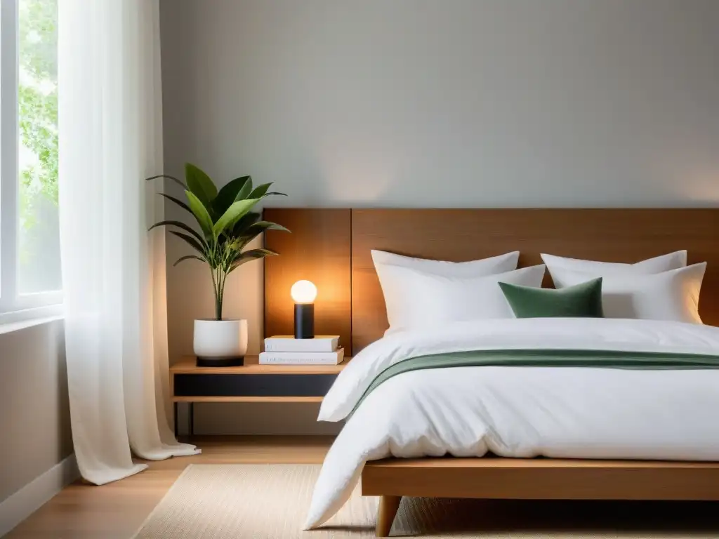 Minimalista y sereno: Dormitorio moderno con cama grande y acogedora Un dormitorio moderno y sereno con una cama grande y acogedora, libros apilados en la mesita de noche