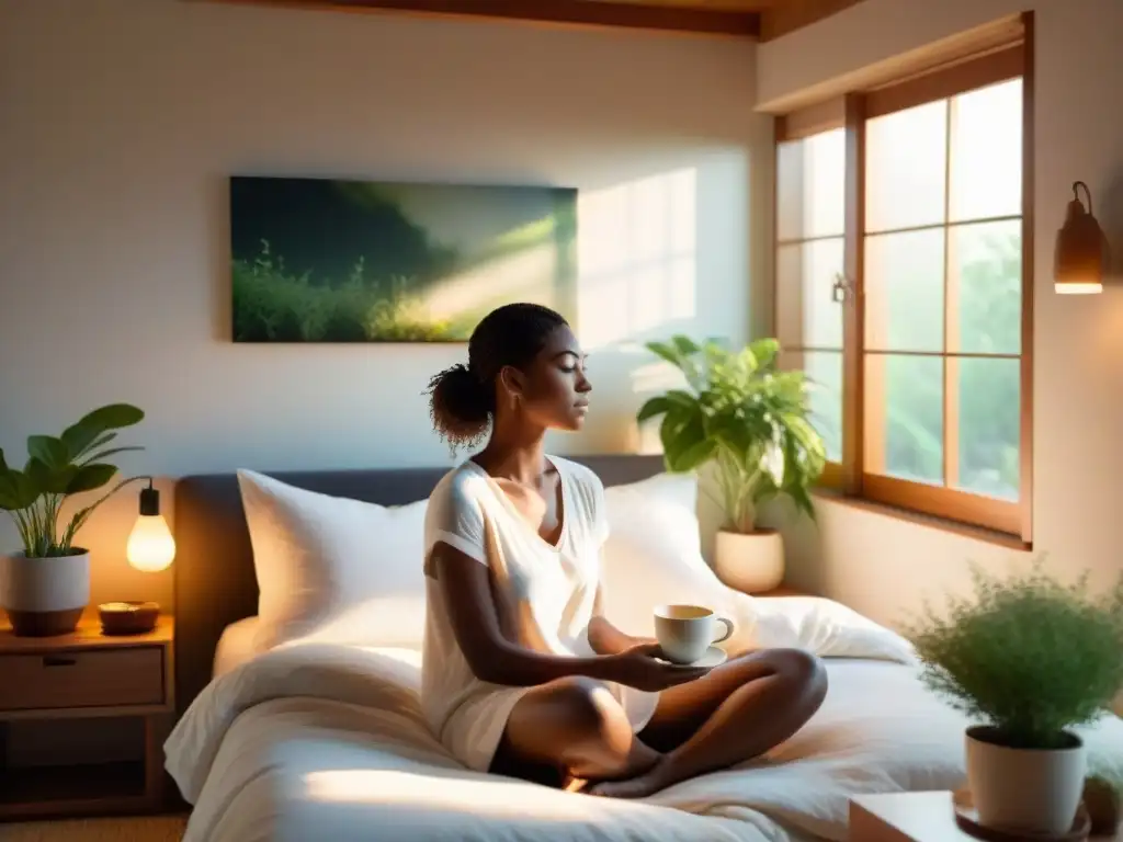 Espacio zen: persona disfrutando de té en cama con luz natural Un dormitorio moderno y sereno con una cama grande y cómoda cubierta con suaves sábanas blancas