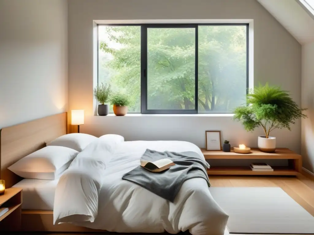Dormitorio minimalista bañado por la suave luz dorada Un dormitorio moderno y sereno con decoración minimalista