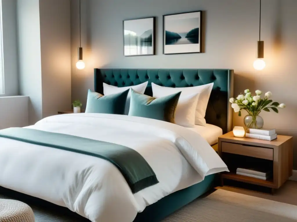 Dormitorio moderno con ambiente sereno y acogedor Un dormitorio moderno y sereno con iluminación suave