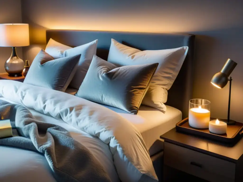 Descanso reparador con melatonina: dormitorio sereno y acogedor Un dormitorio moderno y sereno con iluminación suave, promoviendo beneficios para el insomnio con melatonina y una noche de sueño tranquila