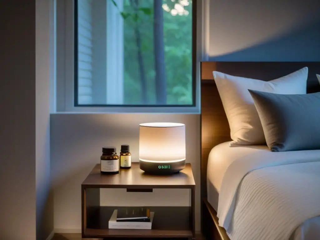 Serenidad nocturna en un moderno dormitorio con lujosa ropa de cama Un dormitorio moderno y sereno con iluminación suave y una cama cómoda