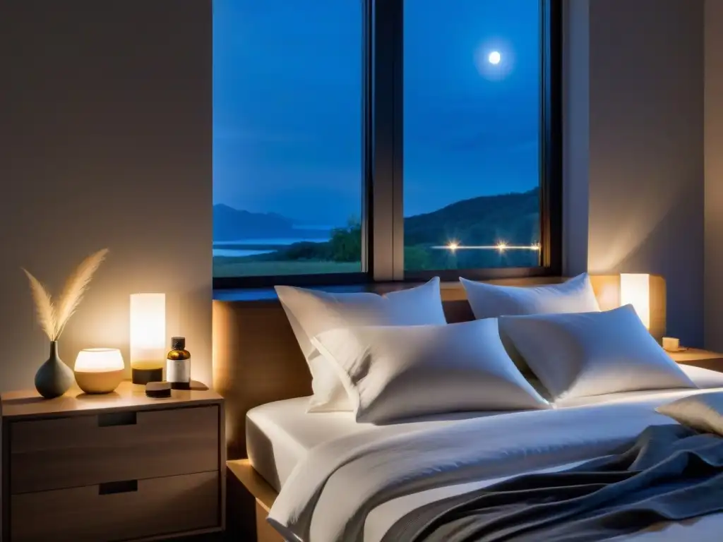 Suite de lujo con suplementos naturales para dormir Un dormitorio moderno y sereno con luz ambiental suave, una cama cómoda y suplementos naturales para mejorar sueño