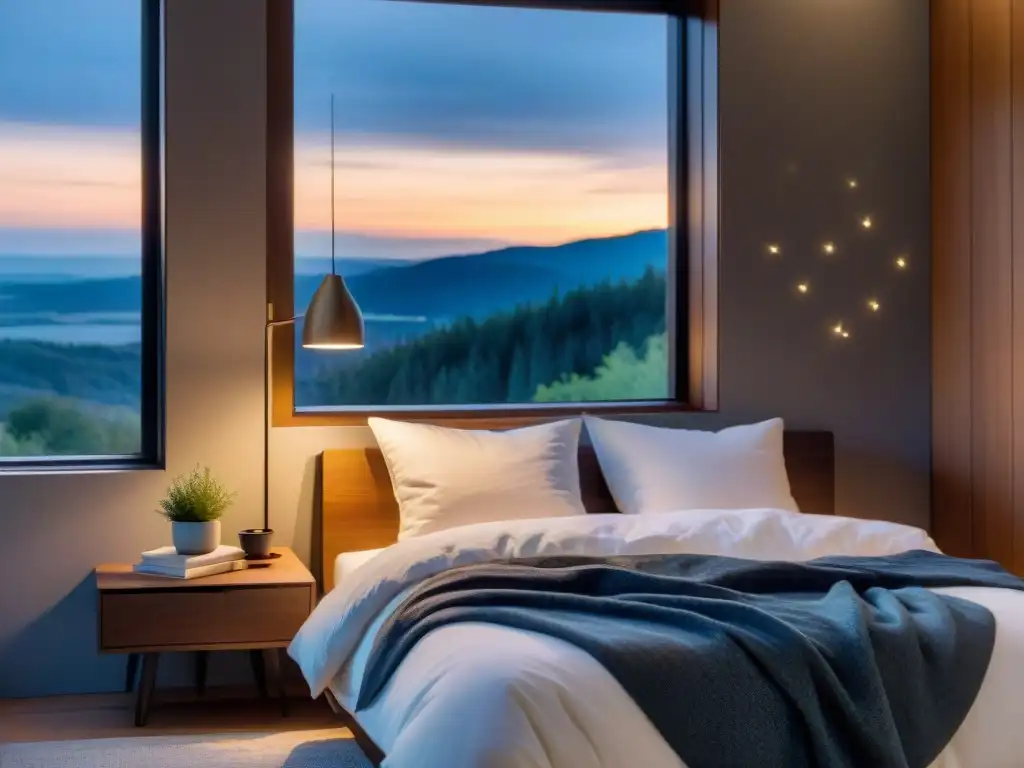 Dormitorio minimalista: tranquilidad y confort Un dormitorio moderno y sereno con una decoración minimalista, una cama acogedora con suaves almohadas e una manta cálida