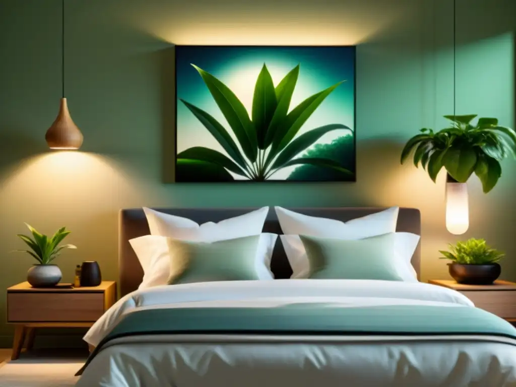 Suite moderna con diseño natural y tranquilizante Un dormitorio moderno y sereno con iluminación suave, cama cómoda y ropa de cama orgánica, adornado con plantas y difusor