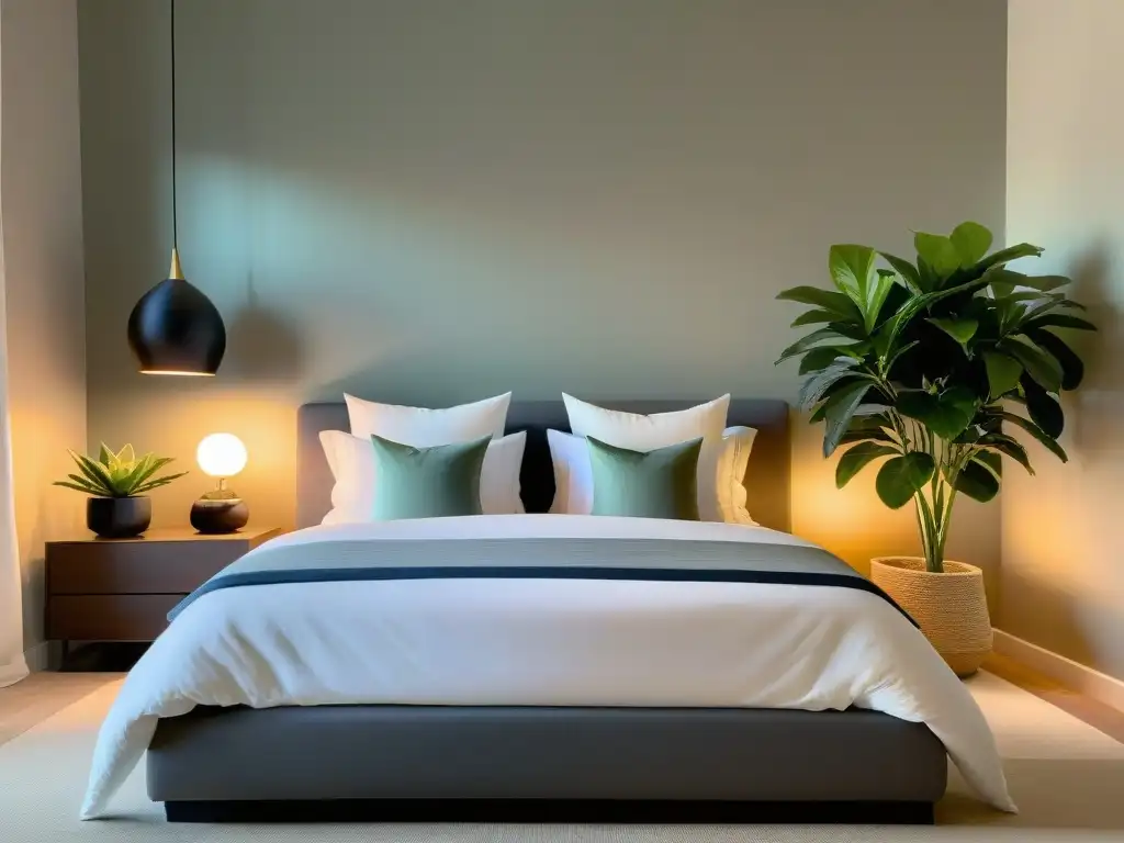 Suite moderna con ambiente relajante y lujoso Un dormitorio moderno y sereno con suaves luces ambientales, una cama grande y cómoda con ropa de cama lujosa
