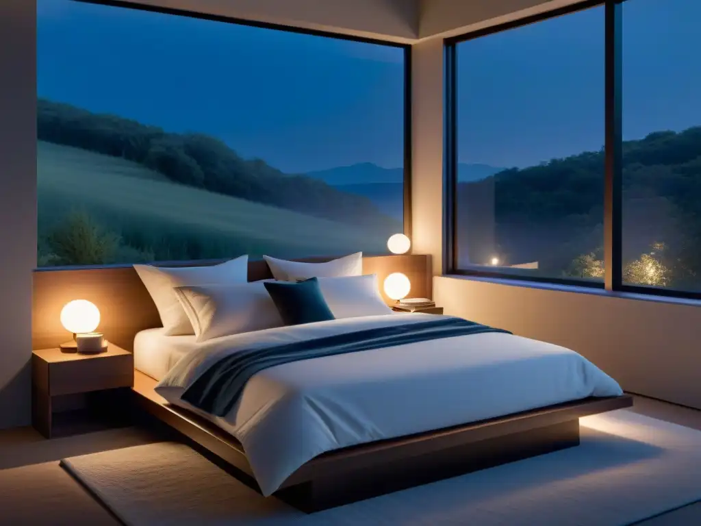 Suite minimalista con iluminación cálida y lujosa ropa de cama natural Un dormitorio moderno y sereno con suplementos naturales para mejorar sueño, decoración minimalista y suave iluminación cálida