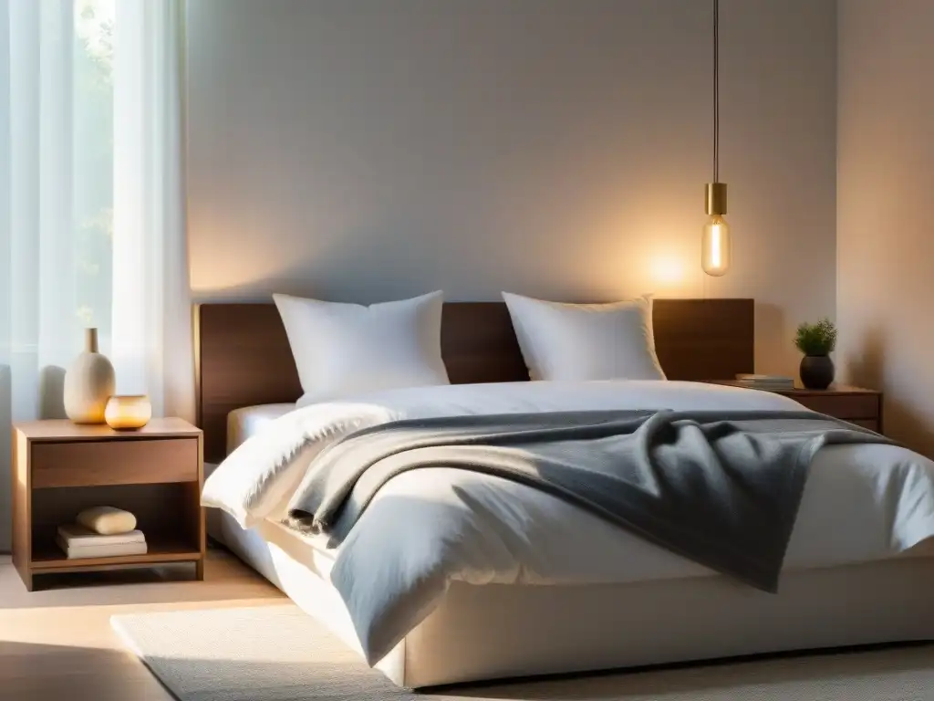 Diseño minimalista: dormitorio sereno y moderno Un dormitorio moderno y sereno, con suplementos de magnesio para dormir en la mesita de noche, irradia tranquilidad y comodidad