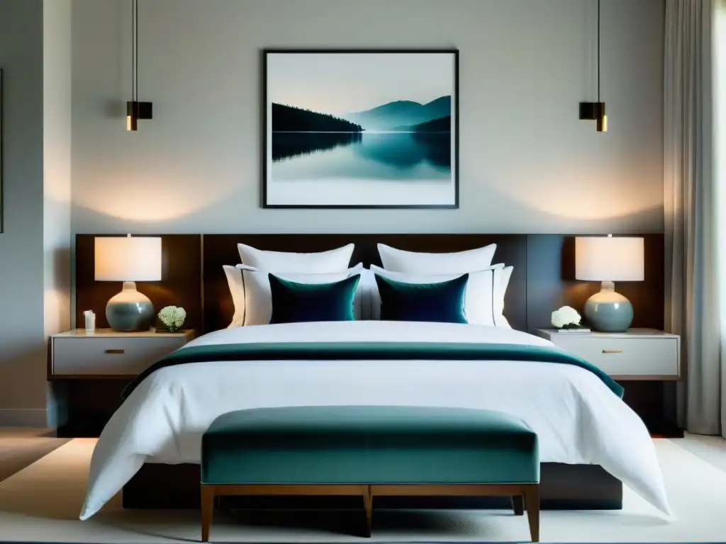 Suite minimalista relajante con cama king size y arte vibrante Un dormitorio sereno con decoración minimalista y una cama grande y cómoda
