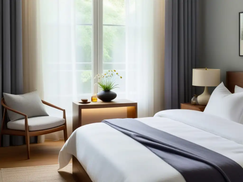 Tranquilo dormitorio minimalista con luz natural suave Un dormitorio sereno, minimalista, con luz natural suave y suplementos para dormir sin efectos secundarios en la mesa de noche