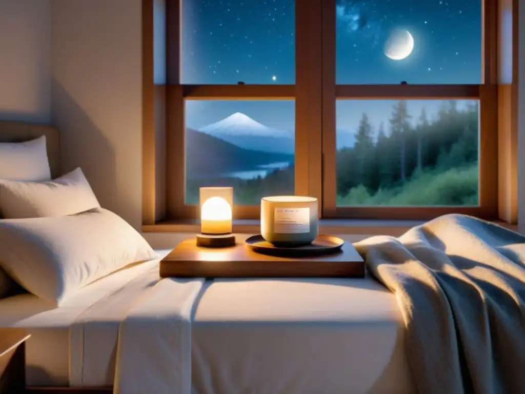 Tranquilo dormitorio con suplementos naturales para dormir y té relajante Un dormitorio sereno con suplementos naturales para mejorar sueño, té de hierbas y una tranquila noche estrellada