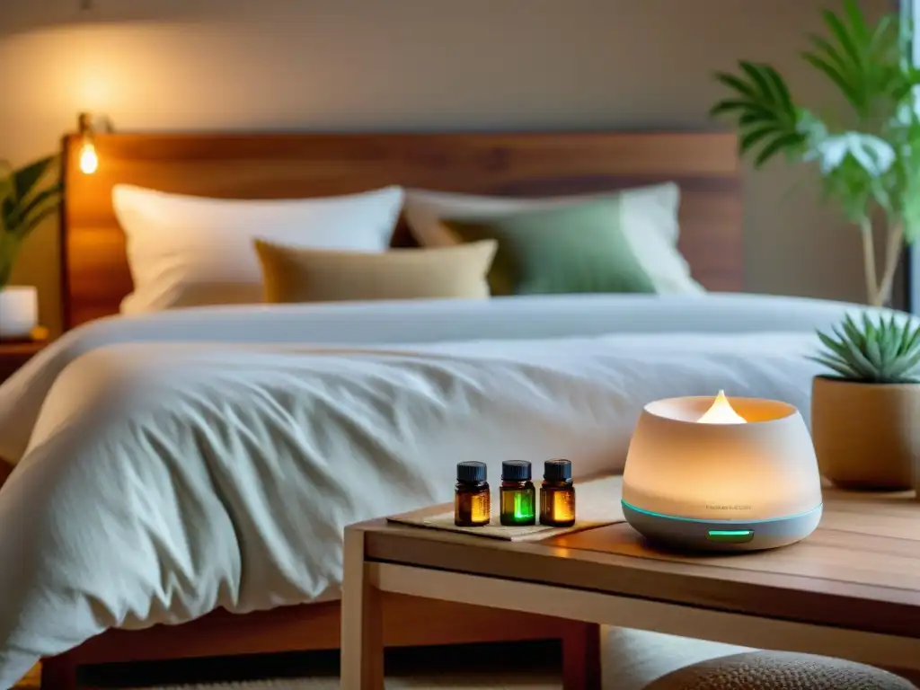 Entorno tranquilo para dormir: cama cómoda y elementos relajantes Un dormitorio tranquilo y acogedor con elementos relajantes y suplemento para dormir sin efectos secundarios