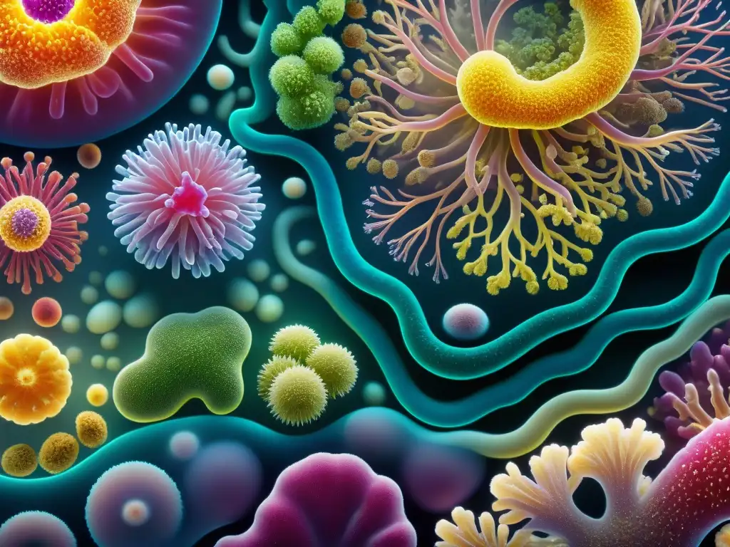 Microbiota intestinal: ecosistema vibrante y diverso Un ecosistema microbiano colorido y detallado muestra la conexión entre la flora intestinal y hormonas en una imagen vibrante y fascinante