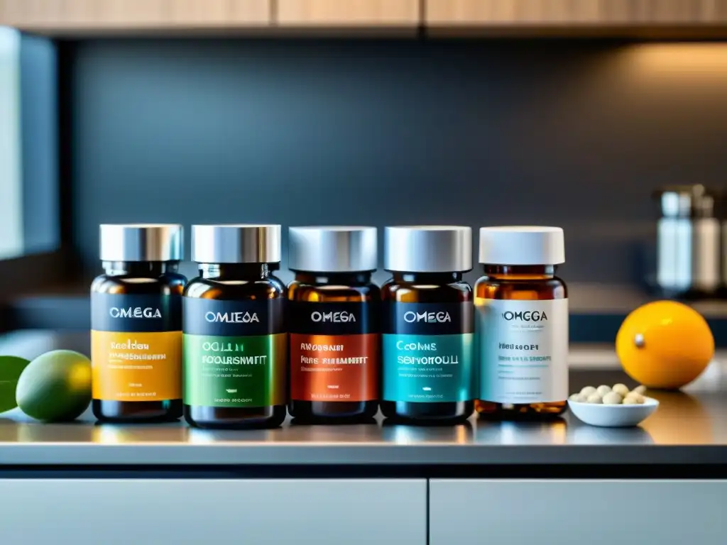 Suplementos de lujo para una vida saludable Una elegante cocina con suplementos premium para retrasar envejecimiento, envasados de forma lujosa y profesional
