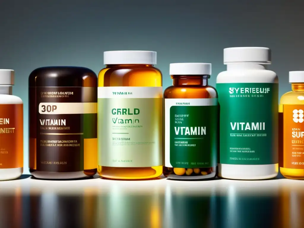 Vitaminas y suplementos: elegancia y bienestar en detalle Una elegante disposición de botellas de vitaminas y suplementos con etiquetas nítidas, creando una sensación de sofisticación y bienestar