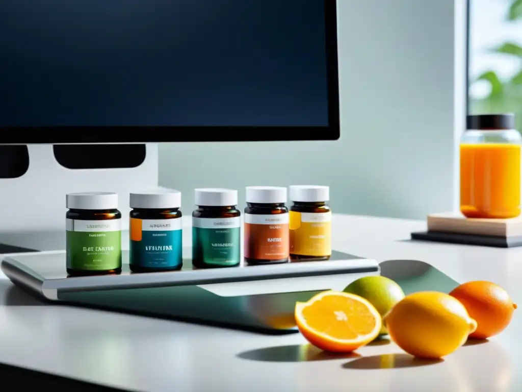 Escritorio minimalista con suplementos ordenados Un elegante escritorio con suplementos para mantener concentración, bañado en luz natural y organizado con precisión y estilo minimalista