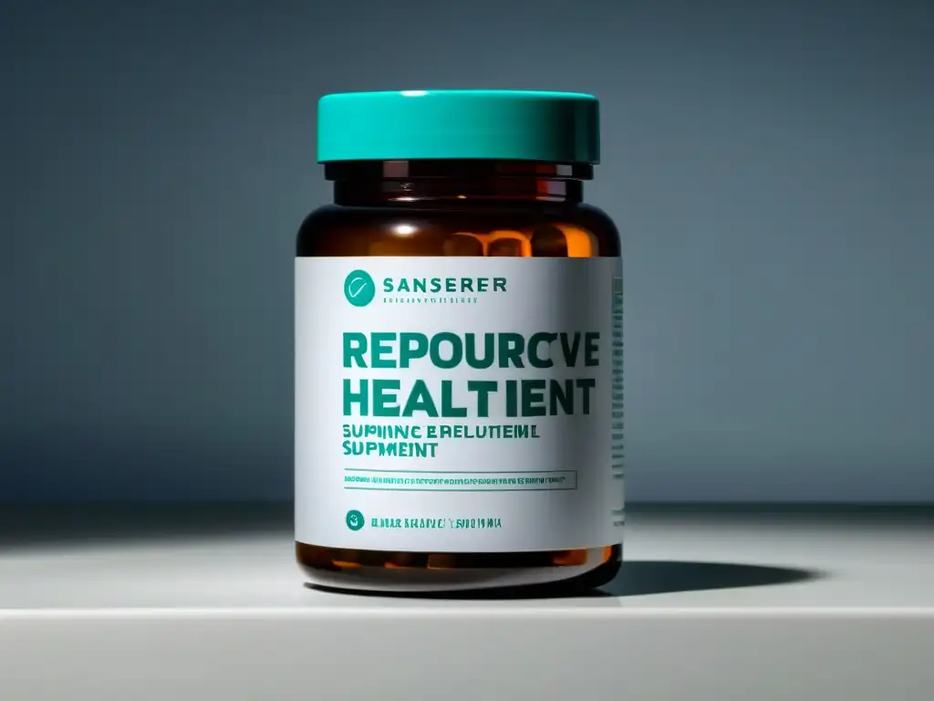 Suplemento masculino de alta gama con zinc y L-carnitina Un elegante frasco de suplementos de salud reproductiva masculina en un baño de lujo, con una etiqueta blanca moderna y detallada