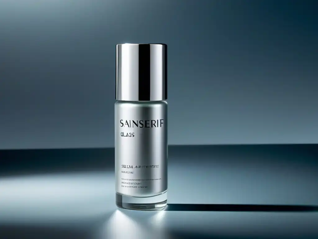Un elegante frasco de vidrio con tapa plateada y tipografía minimalista etiquetada como 'Suplementos premium antienvejecimiento'