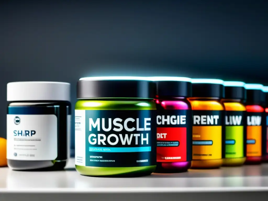 Suplementos para el crecimiento muscular: precisión y vitalidad Un elegante mostrador de cocina con combinaciones de suplementos para músculo óptimo, organizados con precisión y etiquetados